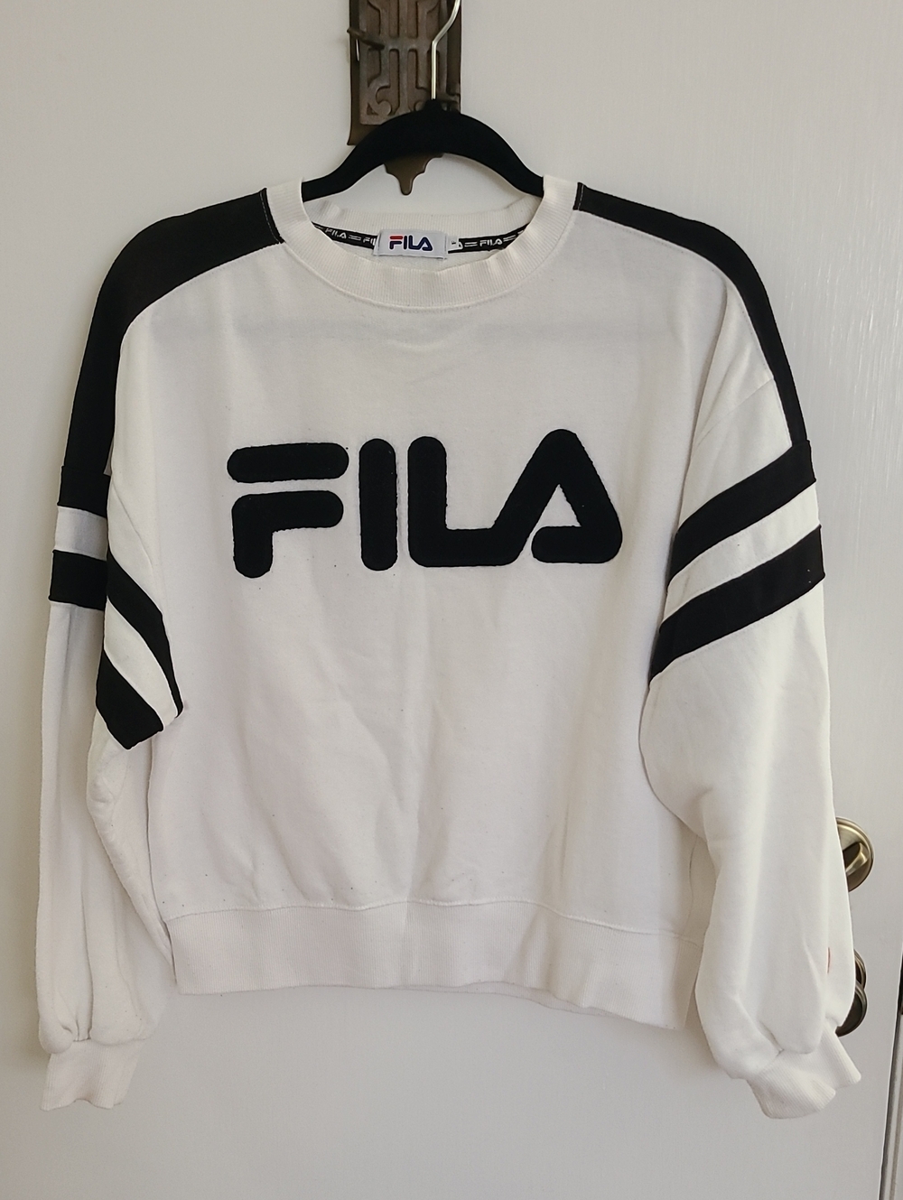 Fila Women's White Crewneck Sweater with Black Logo & Stripe Accents